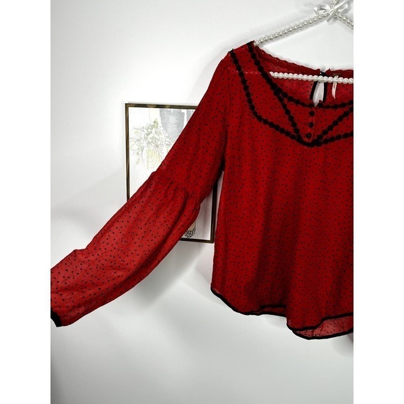 Free People Red Sheer Blouse with Black Polka Dots SZ M - Picture 3 of 11